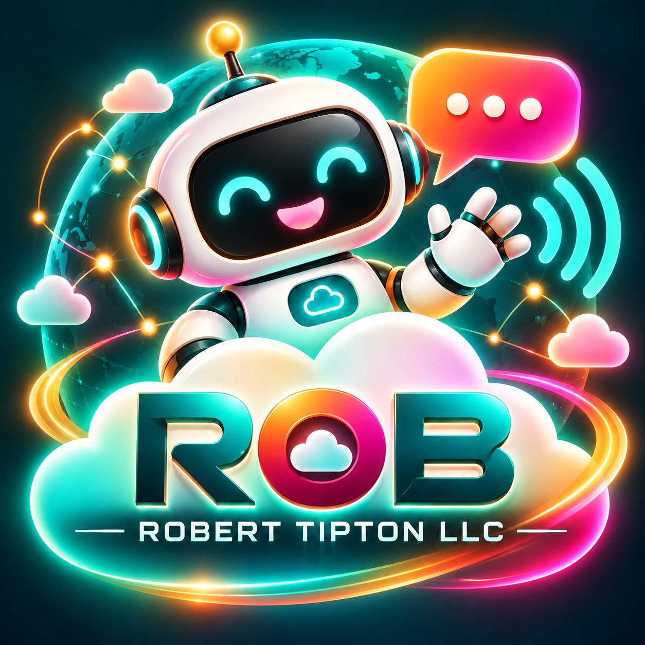 Friendly ROB cloud communications robot connecting messages around the globe